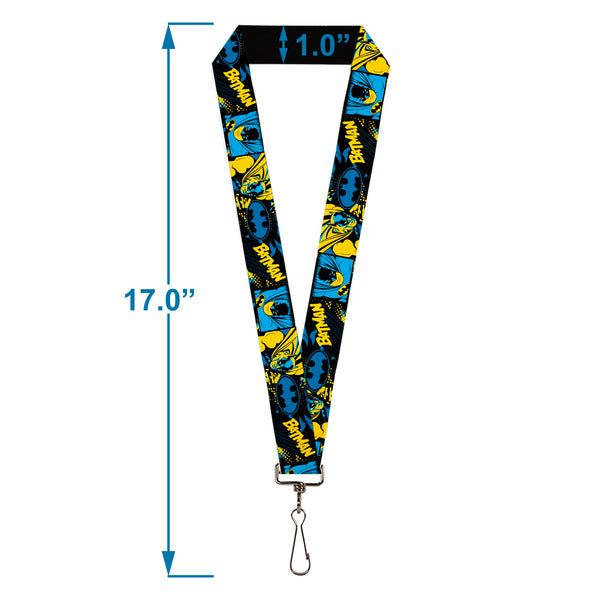 Buckle-Down Lanyard - 1.0" - BATMAN Poses And Logo Collage Black/Blue/Yellow