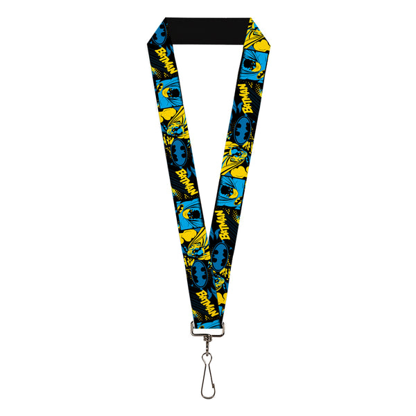 Buckle-Down Lanyard - 1.0" - BATMAN Poses and Logo Collage Black/Blue/Yellow