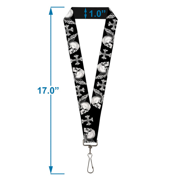 Buckle-Down Lanyard - 1.0" - BD Skulls W Wings Black White