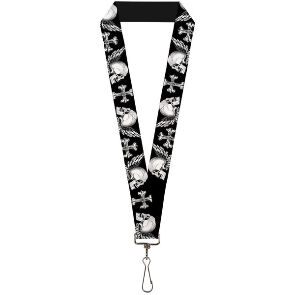 Buckle-Down Lanyard - 1.0" - BD Skulls w Wings Black White