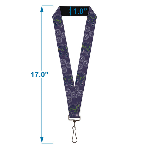 Buckle-Down Lanyard - 1.0" - BOWTRUCKLE PICKETT Pose Icons Purples Blues White
