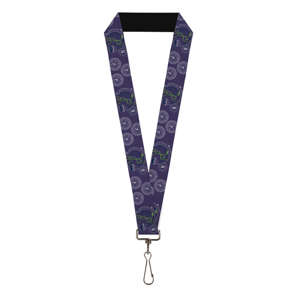 Buckle-Down Lanyard - 1.0" - BOWTRUCKLE PICKETT Pose Icons Purples Blues White
