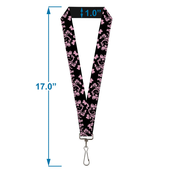 Buckle-Down Lanyard - 1.0" - Butterfly Garden Black Pink