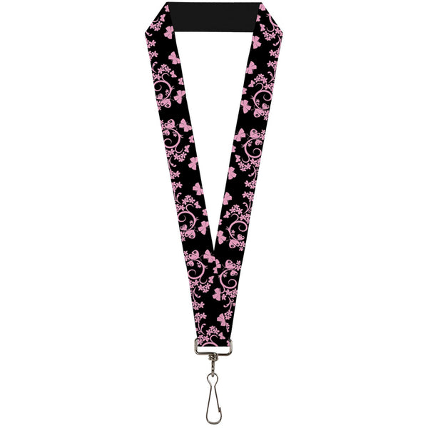 Buckle-Down Lanyard - 1.0" - Butterfly Garden Black Pink