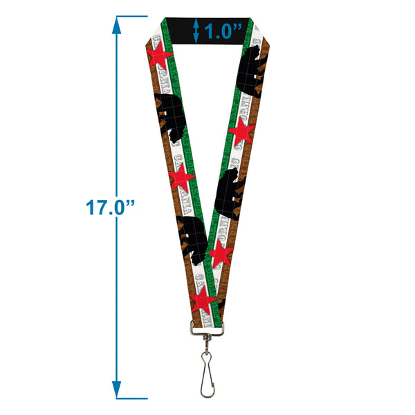 Buckle-Down Lanyard - 1.0" - Cali Bear Silhouette & Star CALIFORNIA REPUBLIC Green White Brown Black Red