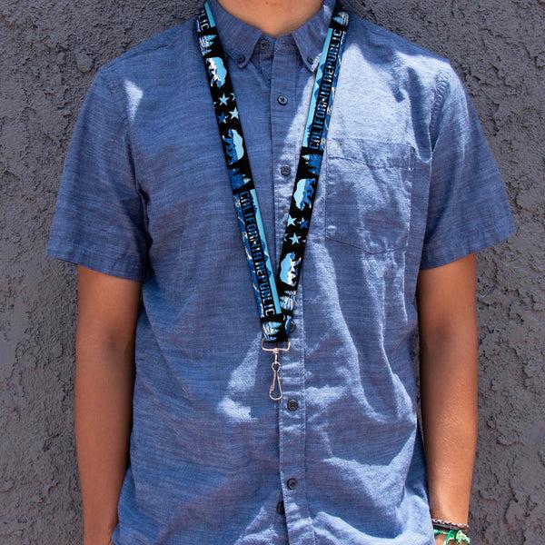 Buckle-Down Lanyard - 1.0" - CALIFORNIA REPUBLIC Bear Stars Silhouette Black Scenic Mountains