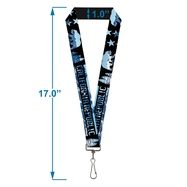 Buckle-Down Lanyard - 1.0" - CALIFORNIA REPUBLIC Bear Stars Silhouette Black Scenic Mountains