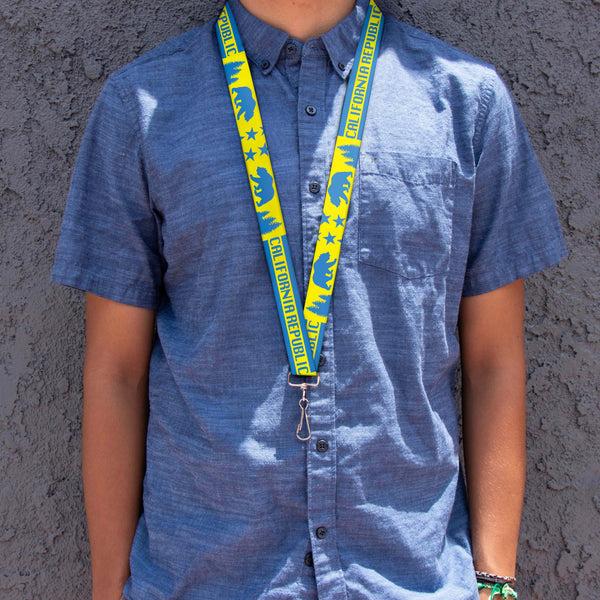 Buckle-Down Lanyard - 1.0" - CALIFORNIA REPUBLIC Bear Stars Silhouette Yellow Blue