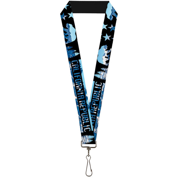 Buckle-Down Lanyard - 1.0" - CALIFORNIA REPUBLIC Bear Stars Silhouette Black Scenic Mountains