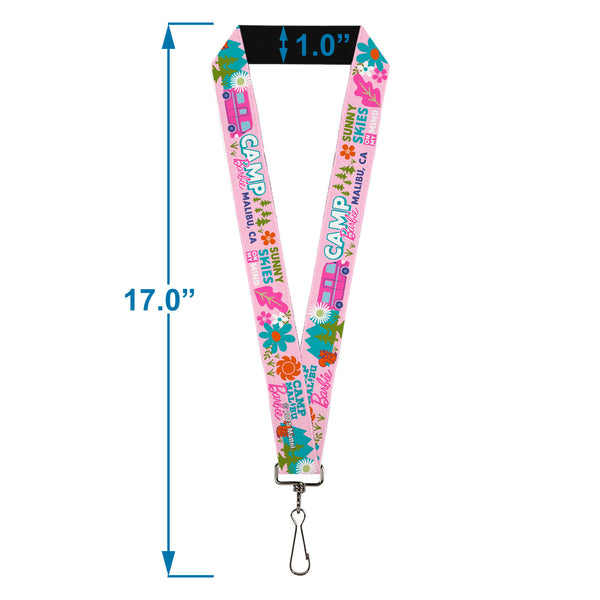 Buckle-Down Lanyard - 1.0" - CAMP BARBIE MALIBU Icons Collage Pink/Multi Color