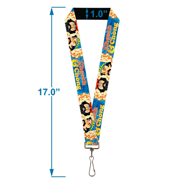 Buckle-Down Lanyard - 1.0" - CHEECH & CHONG Caricature Faces3 Smoke Cloud Spiral Tie Dye Blues