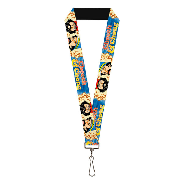 Buckle-Down Lanyard - 1.0" - CHEECH & CHONG Caricature Faces3 Smoke Cloud Spiral Tie Dye Blues