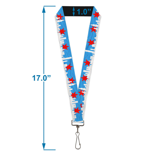 Buckle-Down Lanyard - 1.0" - Chicago Skyline Flag Distressed Black White Red
