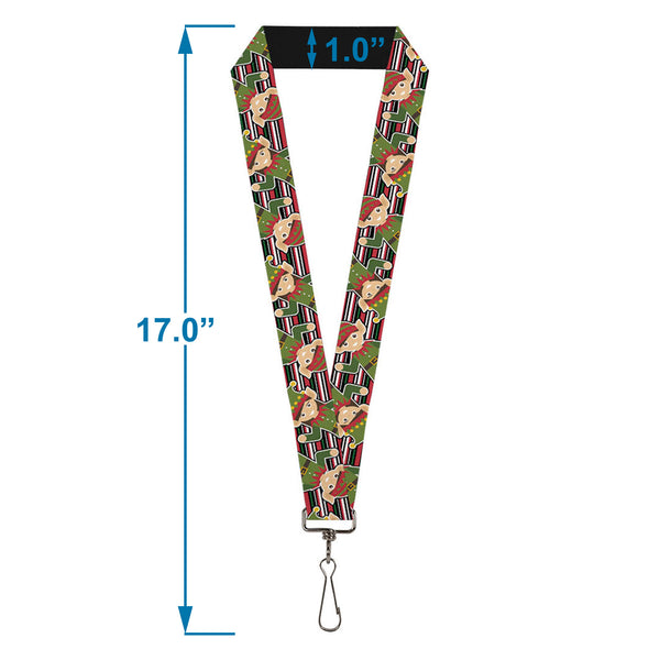 Buckle-Down Lanyard - 1.0" - Christmas Elves Stripes Black Red White Green