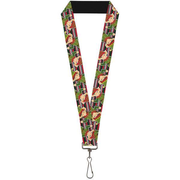 Buckle-Down Lanyard - 1.0" - Christmas Elves Stripes Black Red White Green