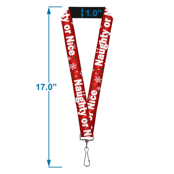 Buckle-Down Lanyard - 1.0" - Christmas NAUGHTY OR NICE Snowflakes Reds White Green