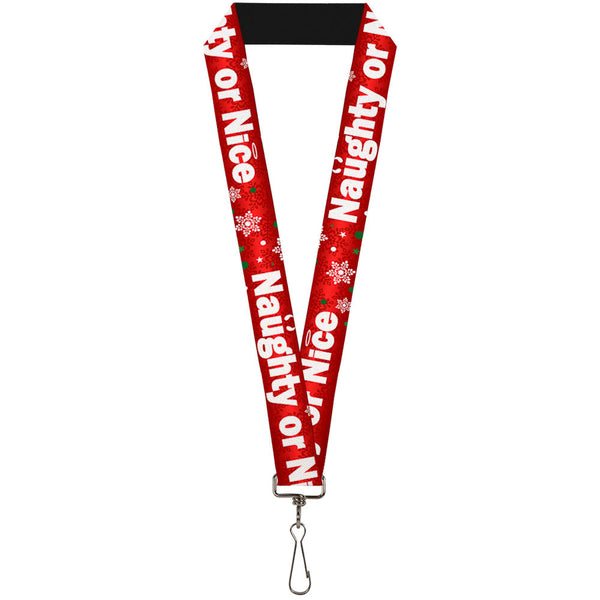 Buckle-Down Lanyard - 1.0" - Christmas NAUGHTY OR NICE Snowflakes Reds White Green