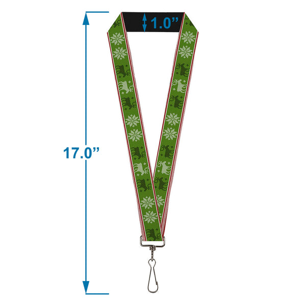 Buckle-Down Lanyard - 1.0" - Christmas Stitch Moose Snowflakes Red Green