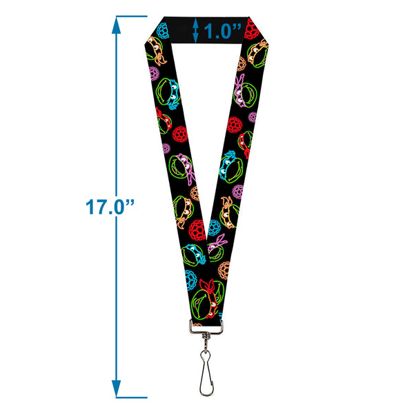 Buckle-Down Lanyard - 1.0" - Classic TMNT Electric Expressions Turtle Shells Black Multi Neon