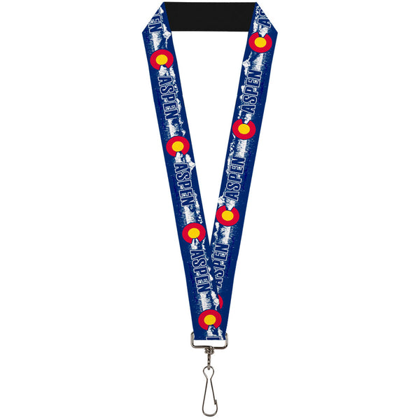Buckle-Down Lanyard - 1.0" - Colorado ASPEN Flag Snowy Mountains Weathered2 Blue White Red Yellows