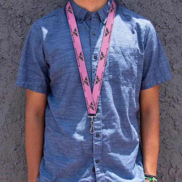 Buckle-Down Lanyard - 1.0" - CORVETTE C5 Logo Repeat Pink Black Silvers