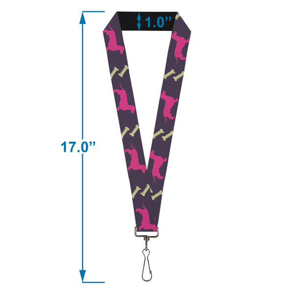 Buckle-Down Lanyard - 1.0" - Dachshunds & Bones Purple Fuchsia Green