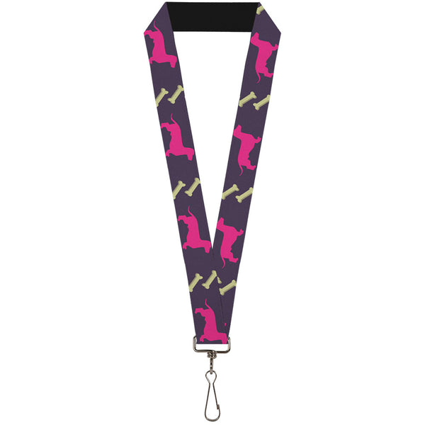Buckle-Down Lanyard - 1.0" - Dachshunds & Bones Purple Fuchsia Green