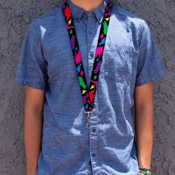 Buckle-Down Lanyard - 1.0" - Dinosaur Silhouette Black Multi Color