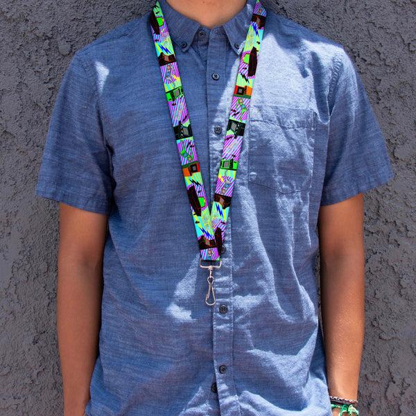 Buckle-Down Lanyard - 1.0" - Eighties Arcade Multi Neon Stripes