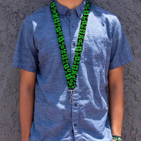Buckle-Down Lanyard - 1.0" - Electric Green Lantern Logo Scattered Black Green