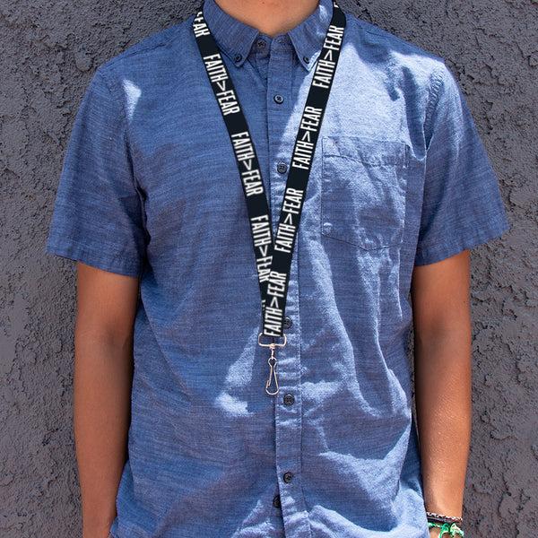 Buckle-Down Lanyard - 1.0" - FAITH Greater Than FEAR Navy Blue White