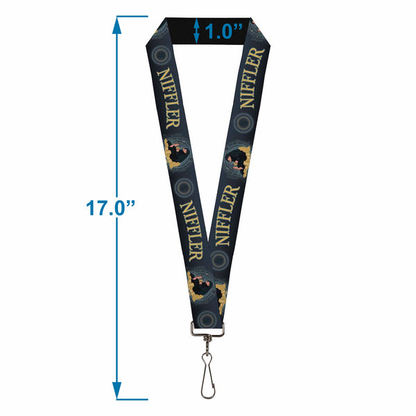 Buckle-Down Lanyard - 1.0" - Fantastic Beasts The Crimes Of Grindelwald NIFFLER Gold Coin Pose NS Monogam Blues Gold