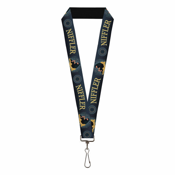 Buckle-Down Lanyard - 1.0" - Fantastic Beasts The Crimes of Grindelwald NIFFLER Gold Coin Pose NS Monogam Blues Gold