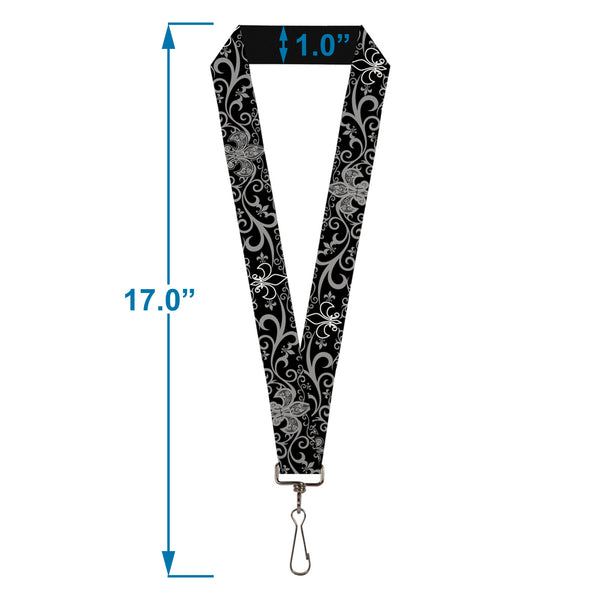 Buckle-Down Lanyard - 1.0" - Fleur-de-Lis W Filigree Black Gray