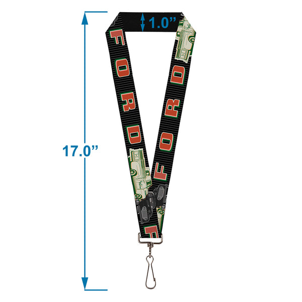 Buckle-Down Lanyard - 1.0" - FORD Classic Ford Trucks Vertical Stripe Black Grays Green Red