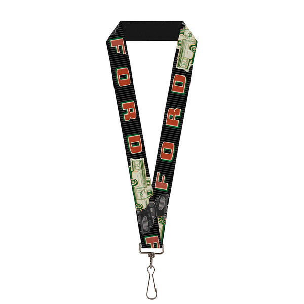 Buckle-Down Lanyard - 1.0" - FORD Classic Ford Trucks Vertical Stripe Black Grays Green Red