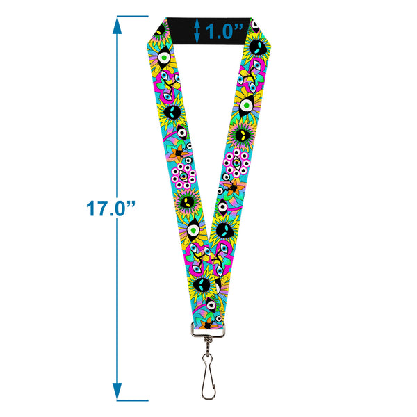Buckle-Down Lanyard - 1.0" - Funky Alien Flowers Aqua Blue/Multi Color