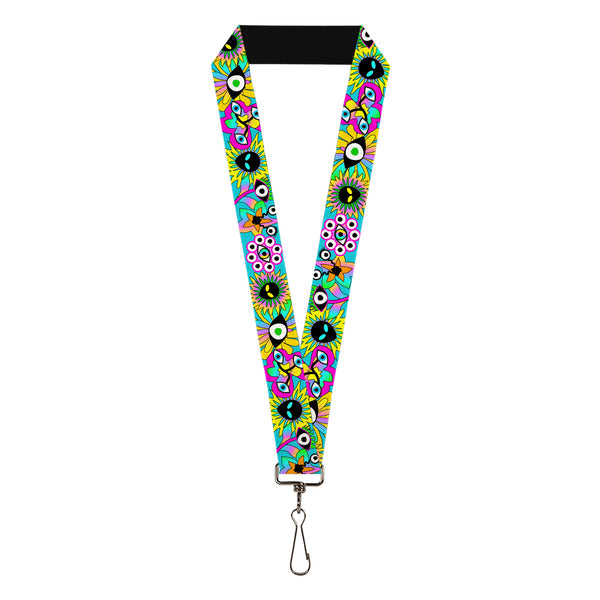 Buckle-Down Lanyard - 1.0" - Funky Alien Flowers Aqua Blue/Multi Color