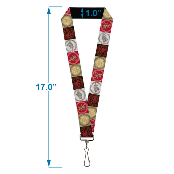 Buckle-Down Lanyard - 1.0" - Game Of Thrones 4-House Sigil Symbol Blocks Multi Color