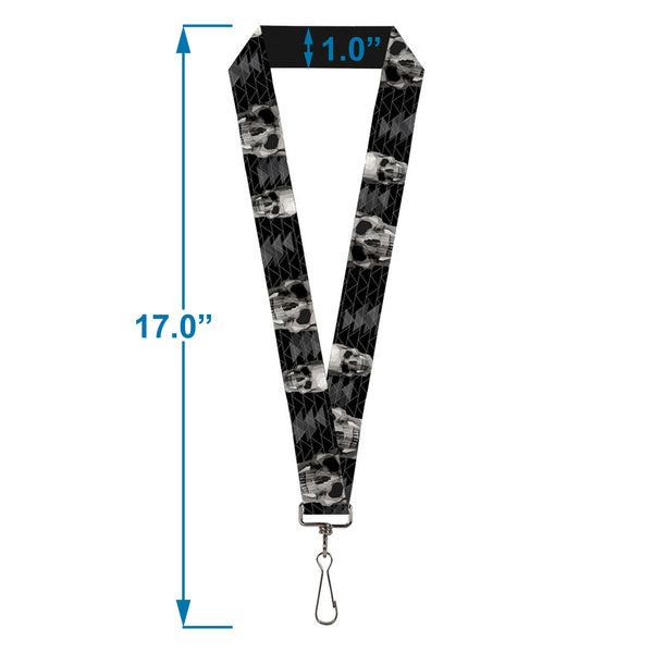 Buckle-Down Lanyard - 1.0" - Geometric 3-D Skull Face Chevron Black Grays White