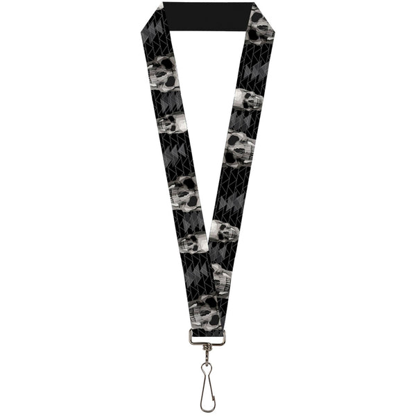 Buckle-Down Lanyard - 1.0" - Geometric 3-D Skull Face Chevron Black Grays White
