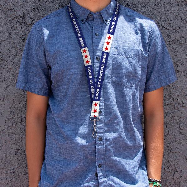 Buckle-Down Lanyard - 1.0" - GOOD OL' GRATEFUL DEAD Text And Stars Blue/White/Red