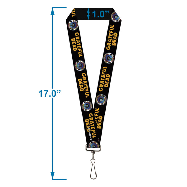 Buckle-Down Lanyard - 1.0" - GRATEFUL DEAD Text And Skull And Roses Round Logo Black/Yellow