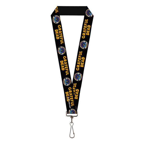 Buckle-Down Lanyard - 1.0" - GRATEFUL DEAD Text and Skull and Roses Round Logo Black/Yellow