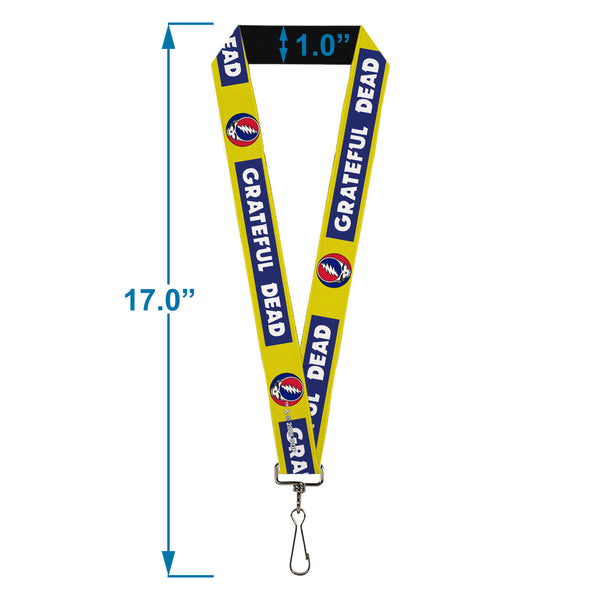 Buckle-Down Lanyard - 1.0" - GRATEFUL DEAD Text Box And Steal Your Face Logo Yellow/Blue/White