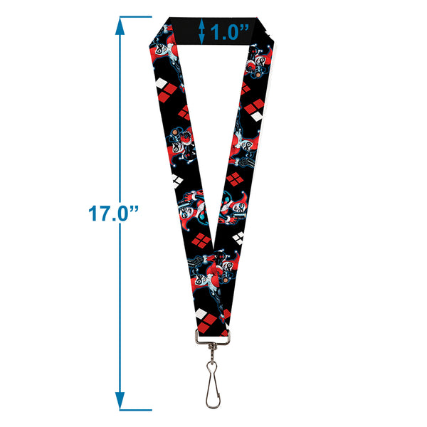 Buckle-Down Lanyard - 1.0" - Harley Quinn Shooting Poses Diamonds Black Red White