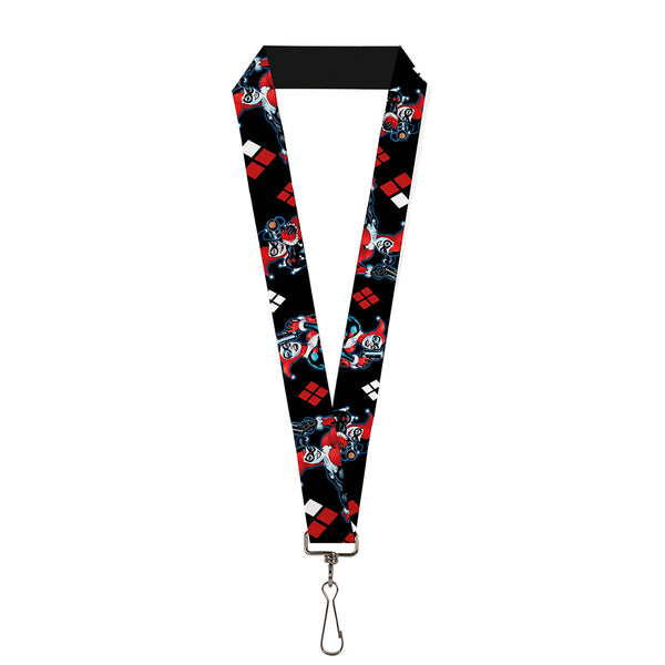 Buckle-Down Lanyard - 1.0" - Harley Quinn Shooting Poses Diamonds Black Red White