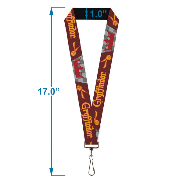 Buckle-Down Lanyard - 1.0" - Harry Potter GRYFFINDOR Quiditch Ball Crown Burgundy Red Golds Grays