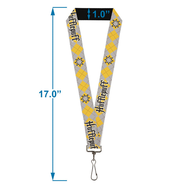 Buckle-Down Lanyard - 1.0" - Harry Potter HUFFLEPUFF Stars Argyle Plaid Gray Gold Browns