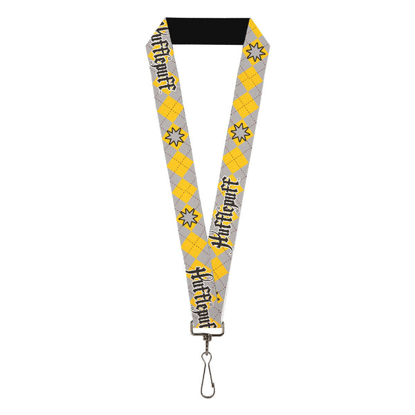 Buckle-Down Lanyard - 1.0" - Harry Potter HUFFLEPUFF Stars Argyle Plaid Gray Gold Browns